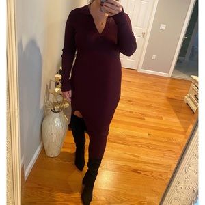 We're Sweater Together Brown Ribbed Knit Collared Midi Dress